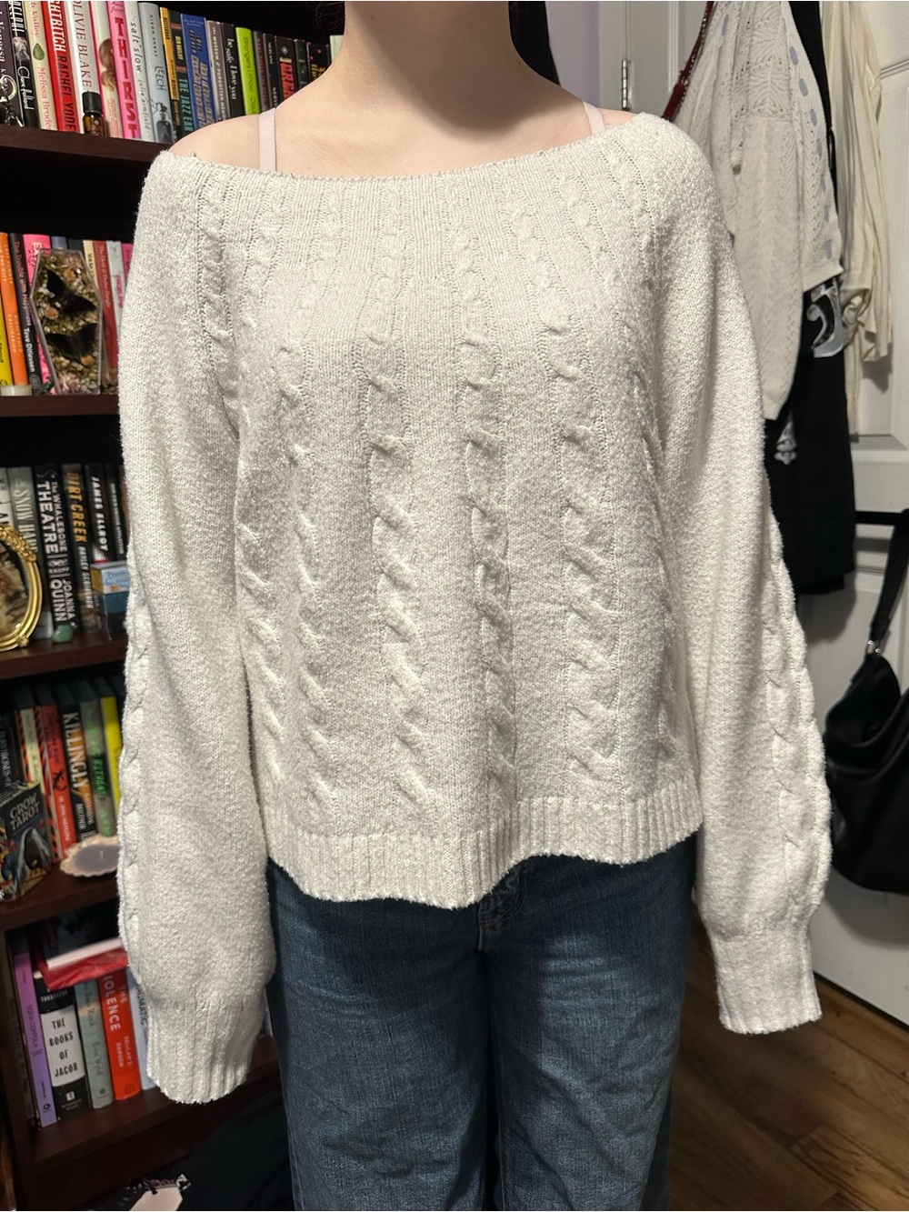 Aeropostale Off-the-Shoulder Cable Knit Sweater in White
